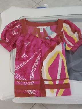 Diane Von Furstenberg Pink, Yellow & White Printed Short Sleeve Top